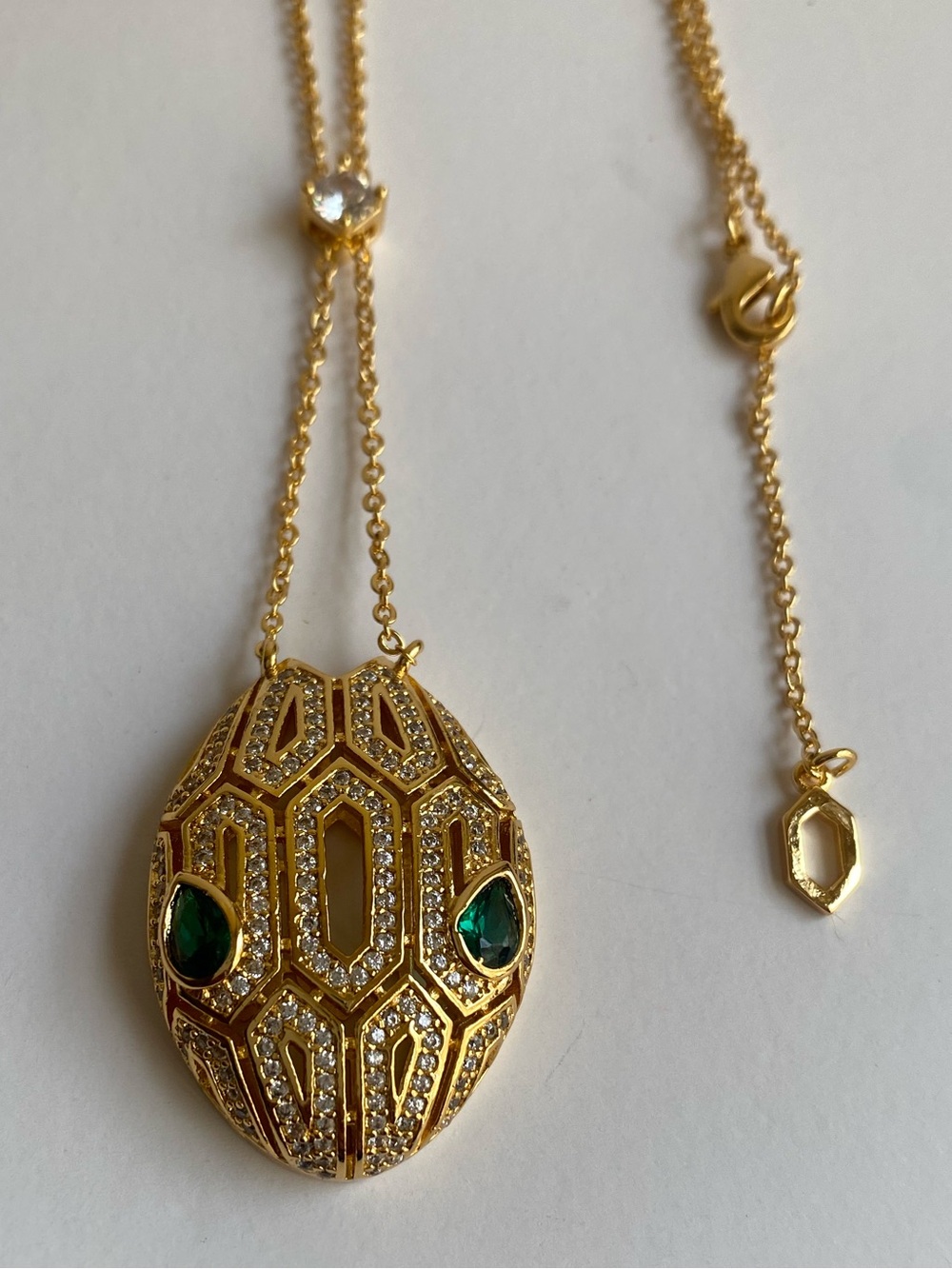 Snake Head Gold-Tone Emerald Accent Pendant Necklace